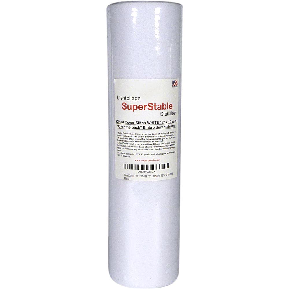 Superpunch Cloud Cover Stitch 12 inch x 10 Yard Roll, SuperStable Lightweight Stabilizer, Over The Back Fusible, Iron On Soft Cutaway Stabilizer for Embroidery Machines Backing - White - Made in USA Superpunch
