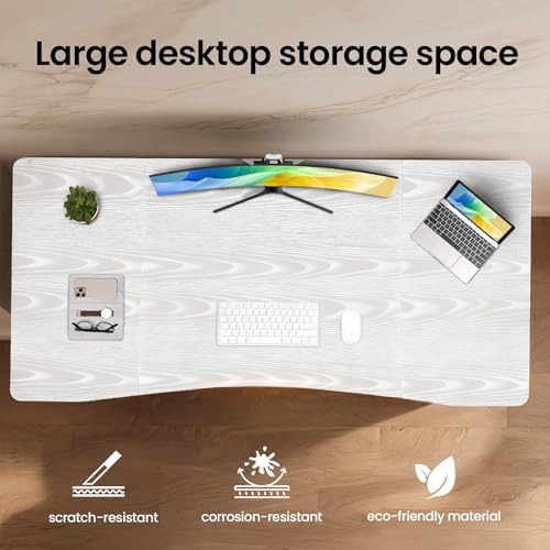 Veken 63 x 28 Inch Electric Standing Desk, Sit to Stand Up, Work Home Office Computer Table for Study, Walking Pad, Writing, and Games, Wooden Desktop Desks, White Veken