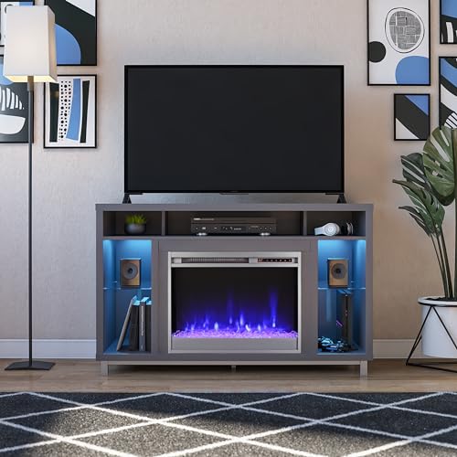 Ameriwood Home Lumina Fireplace TV Stand for TVs up to 48 Inch, Replaceable Electric Fireplace Insert Heater, Remote Control, Timer, Color Changing LED Lights, Crystal Ember Flames, Graphite Gray