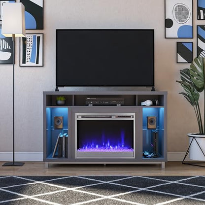 Ameriwood Home Lumina Fireplace TV Stand for TVs up to 48 Inch, Replaceable Electric Fireplace Insert Heater, Remote Control, Timer, Color Changing LED Lights, Crystal Ember Flames, Graphite Gray