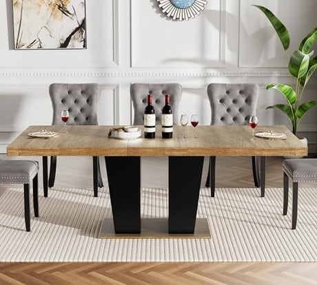 KUVADAZ 78.74" Extendable Dining Room Table for 6 8 10, Modern Farmhouse Wooden Long Large Rectangular Expanding Conference Kitchen Table with Dual Columns Base, Brown+Black KUVADAZ