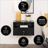 Prepac Floating Shelf Side Table with Drawer and Brushed Brass Knobs, Modern Floating Nightstand 15" D x 22.5" W x 14.5" H, Black, BRBW-1402-2M Prepac