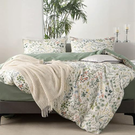 VM VOUGEMARKET Twin Duvet Cover Set 3 Pieces Sage Green Botanical Flower Duvet Cover with 2 Pillowcases Cottagecore Bedding Set 100% Cotton White Green Comforter Cover Without Filling VM VOUGEMARKET