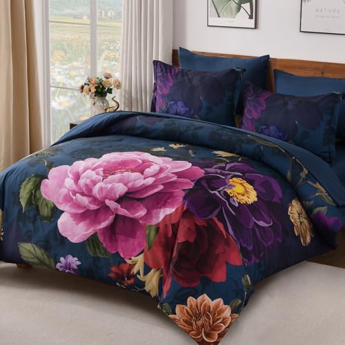 WONGS BEDDING Blue Comforter Set King Size, 7 Pieces Floral Bed in a Bag Set, Navy Blue and Pink Flower Bedding Set, Soft Microfiber for All Season with Pillowcases & Shams,Sheets(90"×104") WONGS BEDDING