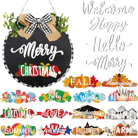 Yuntau 20 Pcs Seasonal Front Door Sign for All Seasons Hanging Interchangeable Welcome Sign, Rustic Round Wood Wreaths Wall Hanging Outdoor Indoor Farmhouse Front Door Home Decor for Christmas(Black) Yuntau