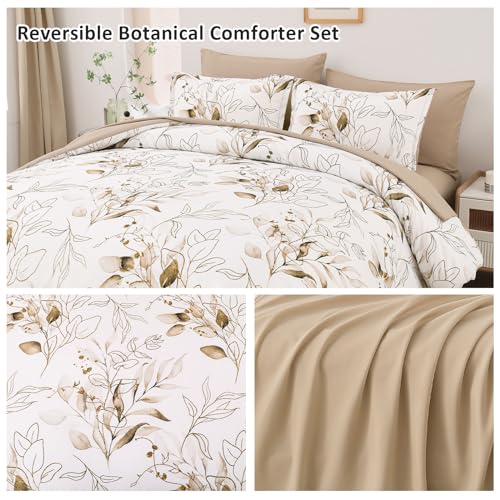 WONGS BEDDING Brown Comforter Set Queen, 7 Pieces Botanical Bed in a Bag Golden Leaves Bedding Set Soft Microfiber Queen (1 Comforter,2 Pillowcase,2 Pillow Shams,1 Flat Sheet,1 Fitted Sheet) WONGS BEDDING