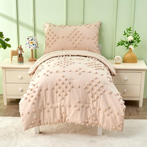 Toddler Bedding Set for Girls 4-Piece Beige Jacquard Pom Pom Tufts Embroidery Bohemian Boho Tufted Dots Comforter Set for Baby Kids Bed-in-a-Bag with Comforter, Flat Sheet, Fitted Sheet, Pillowcase VIVILINEN