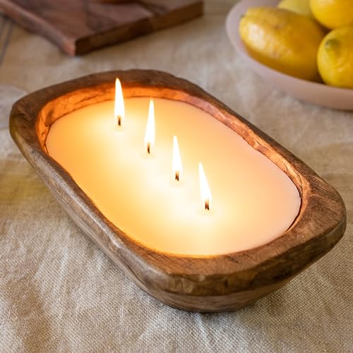 Wooden Dough Bowl Candle 10 Inch, Soy Candle, Farmhouse Candles for Table, Wood Boat 4 Wick, Décor, Unscented - WoodArtSupply