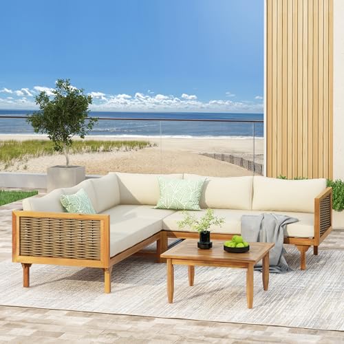 Christopher Knight Home Tenntt 5-Seater Acacia Wood Patio Furniture Set, Outdoor Conversation Sofa Chat Set with Coffee Table, Wicker Arm, Sectional Seating Group for Backyard Balcony, Teak+Beige Christopher Knight Home