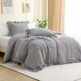 Silnuo Black/White Checkered Ruffle 3-Piece Duvet Cover Set King Size,Washed Cotton Shabby Gingham Plaid Bedding Set Farmhouse Comforter Set(King,Black/White) Silnuo