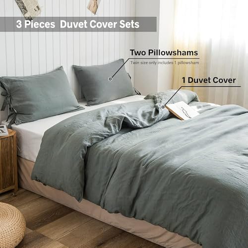 Simple&Opulence 100% Linen Duvet Cover Set, 3 Pieces Belgian Flax Breathable Bedding, King Size 104''x92'' (1 Comforter Cover+2 Pillowshams) with Tie Closure Style,Greyish-Green Simple&Opulence