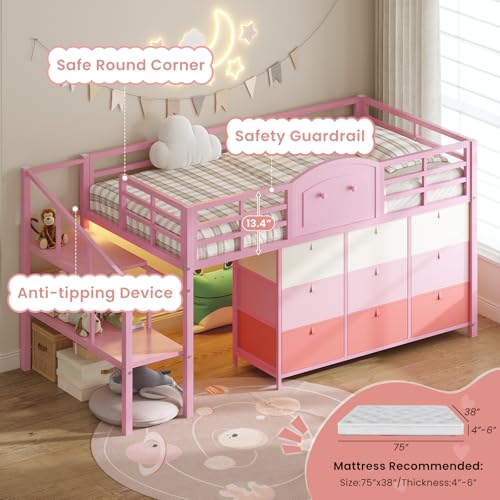 VIAGDO Low Loft Bed Twin Size with 9 Storage Drawers and LED Lights, Metal Twin Loft Bed with Stairway Shelf Storage, Low Loft Bed with Safety Guardrail and Under-Bed Hideaway for Kids, Pink VIAGDO