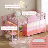 VIAGDO Low Loft Bed Twin Size with 9 Storage Drawers and LED Lights, Metal Twin Loft Bed with Stairway Shelf Storage, Low Loft Bed with Safety Guardrail and Under-Bed Hideaway for Kids, Pink VIAGDO