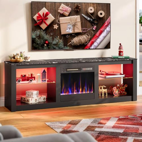 Bestier 63 Inch Modern Fireplace TV Stand for TVs up to 70", LED Entertainment Center with 18" Electric Fireplace Media Console for Living Room with Glass Shelves, Black Marble Bestier