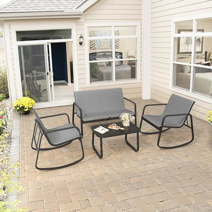 YITAHOME 4 Piece Patio Furniture Set, Small Backyard Bistro Rocking Chairs, Loveseat and Glass Table, Textilene Outdoor Conversation Set for Lawn, Garden, Balcony, Poolside (Grey) - WoodArtSupply