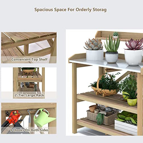 S AFSTAR Garden Potting Bench, Gardening Work Station Table with 2 Storage Shelves, Fir Wood Structure and Metal Tabletop, Gardening Table Potting Benches for Outside Backyard Balcony S AFSTAR