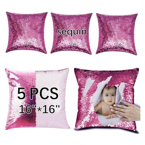 ORJ Sublimation Sequin Pillow Case Blanks 16''x16'' Flip Reversible Mermaid Decorative Personalized Cushion Throw Pillow Covers for Kids (Rose red Pillow case x 5piece) ORJ