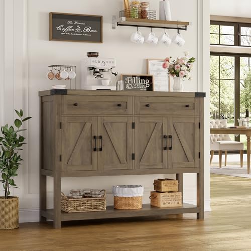 HOSTACK Buffet Sideboard Cabinet with Storage, 47.2‘’ Modern Farmhouse Coffee Bar with 2 Drawers, Barn Doors Console Table with Shelf for Kitchen, Dining Room, Living Room, Entryway (Rustic Brown) HOSTACK