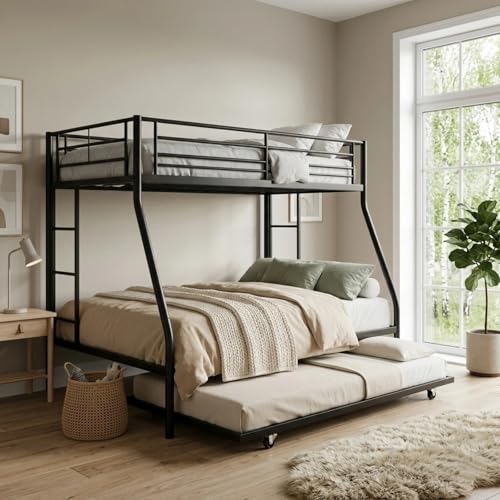 Nuturelly Metal Bunk Bed Twin Over Full with Trundle, Heavy Duty Steel Frame Bunk Bed Frame with Safety Guardrails & Ladder, Space Saving 3 Beds for Kids, Teens, Dorm, Black Nuturelly