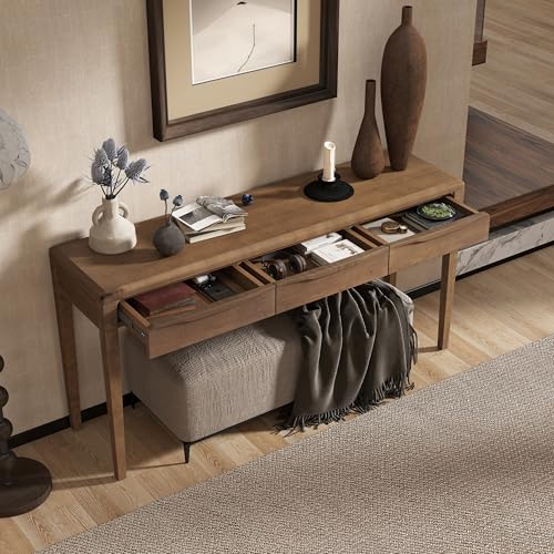 Merax 59.84'' Elegant Console Table with Oak Veneer,Light Luxury Entryway Table with 3 Drawers,Farmhouse Sofa Table with Soft-Corner Design,Suitable for Living Room, Foyer and Hallway, Brown Merax