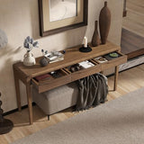 Merax 59.84'' Elegant Console Table with Oak Veneer,Light Luxury Entryway Table with 3 Drawers,Farmhouse Sofa Table with Soft-Corner Design,Suitable for Living Room, Foyer and Hallway, Brown Merax