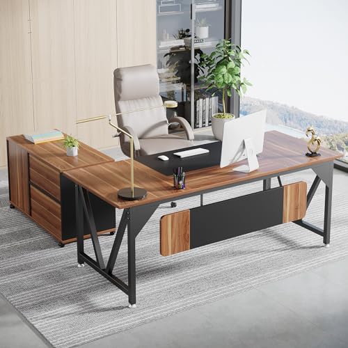 LITTLE TREE 70.8" Executive Desk with 35.4" File Cabinet, L-Shaped Computer Desk, Wood Office Desk for Home Office - WoodArtSupply