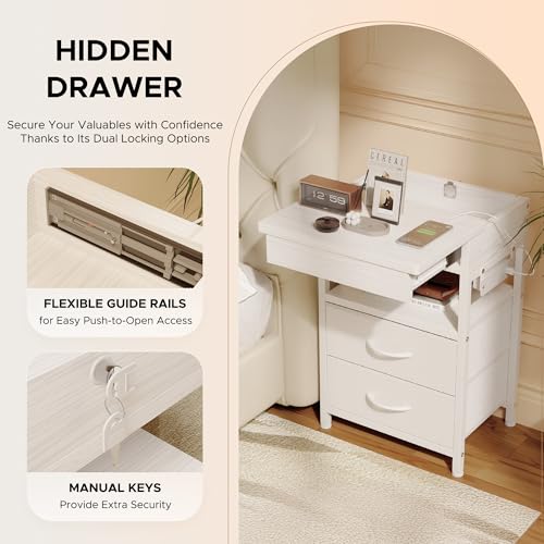 Nightstand Bedside Table Hidden Drawer - Night Stand with Charging Station and Sliding Top Storage, Bed Side Table with 2 Fabric Drawers, Modern Nightstand for Bedroom Dorm Living Room, White Lazzanto
