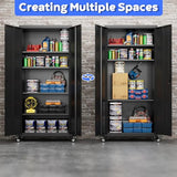 Metal Storage Cabinet with Wheels, 73"H Garage Storage Cabinet with 4 Adjustable Shelves and Locking Doors, Industrial Storage Cabinet for Garage Home Office Utility Room (Black)-Required Assembly Reemoon