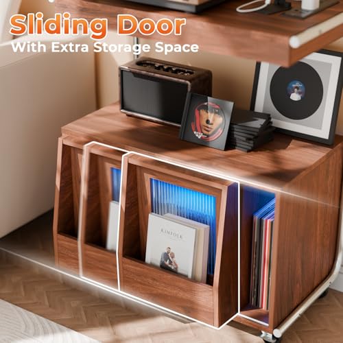 Large Record Player Stand with Sliding Door and Wheels,200 Vinyl Record Storage Cabinet, Record Player Table with Power Outlet & LED Light,Turntable Stand with Wood Legs for Living Room,Bedroom Loomie