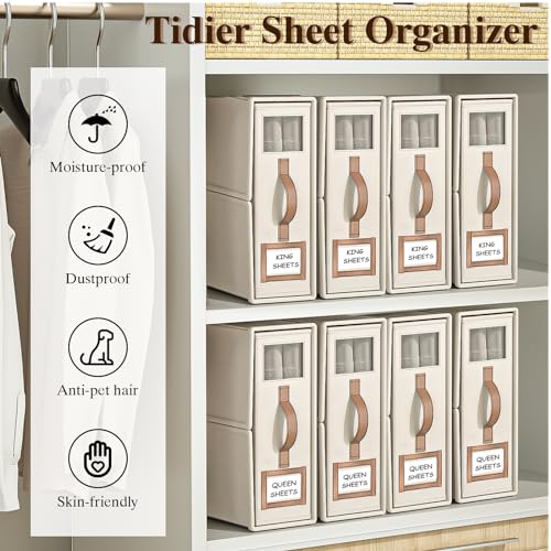 BigPonPon 4 Pack Foldable Bed Sheets Set Organizers and Storage(King & Queen Size),Linen Fabric Closet Organizers with Window,Folding Bedding Storage Box for Bedsheets and Pillow Cube Organizer-Beige BigPonPon