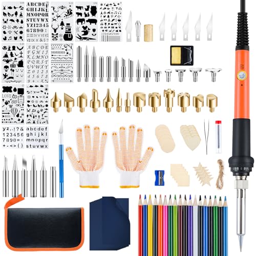 Fohil Wood Burning Kit for Adults with Gloves, 130pcs Wood Burning Pen Tool Set with Adjustable Temperature 200~450 °C Switch Pyrography Pen Kit for Embossing Carving Soldering Fohil