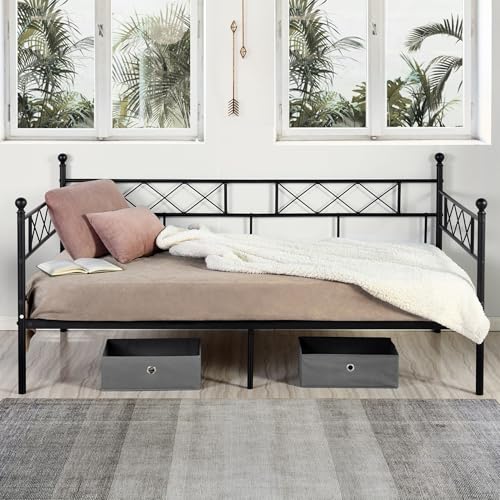 Liink1Ga Twin Size Daybed Frame, Day Bed Black Metal Daybed Frame with Headboard, Mattress Platform Base Box Spring Replacement Sofa Bed for Living Room Guest Room/Style X/Black Liink1Ga