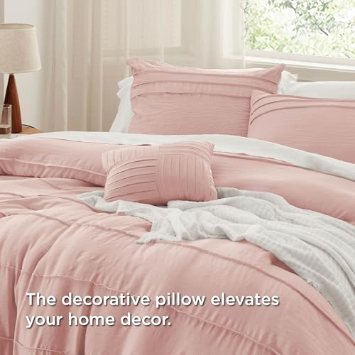 Bedsure Full Comforter Set - 4 Pieces Pinch Pleat Bed Set, Light Pink Boho Bedding for All Season, 1 Soft Comforter, 2 Pillowcases, 1 Decorative Pillow Bedsure