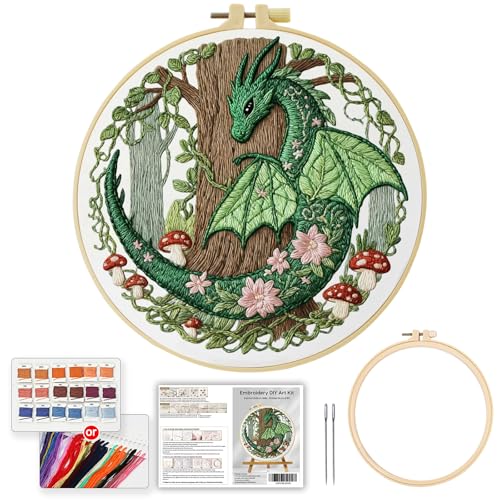 ZuoAnLF Green Dragon Handmade DIY Embroidery kit for Beginners Adult,ncludes Embroidery Cloth, Instructions, Embroidery Frame and Needle and Thread, Suitable for Craft Lover Hand Stitch Gifts