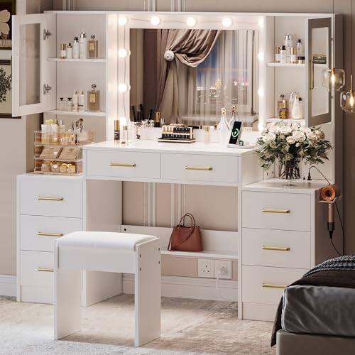 58.3" Large Vanity Desk with Mirror & Lights, Makeup Vanity with 10 LED Lights, 8 Metal Sliding Drawers & 2 Cabinets, White Vanity Set with Stool & Power Outlet 3 Lighting Modes Adjustable Br - WoodArtSupply