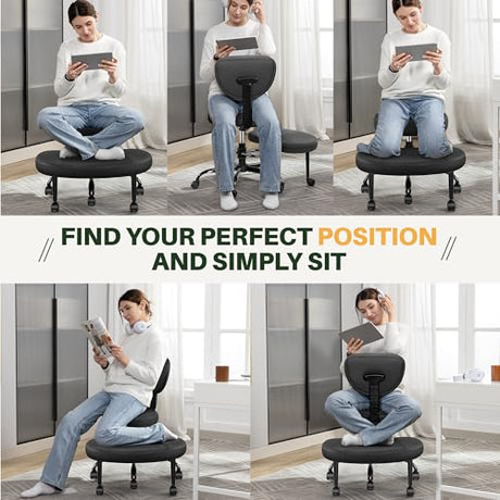 Primy Criss Cross Office Chair - ADHD Cross Legged Chair with Wheels - Adjustable Height Ergonomic Kneeling Desk Chairs for Meditation Yoga Home Office with Backrest, 360°Rotating Footrest - Black Primy