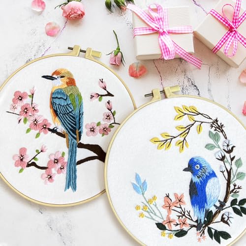 ERKOON 4 Sets Embroidery Kit for Beginners,Hummingbird and Flower Cross Stitch Set for Include Embroidery Cloth Hoops Threads for Craft Lover Hand Stitch (Flowers and Birds) ERKOON