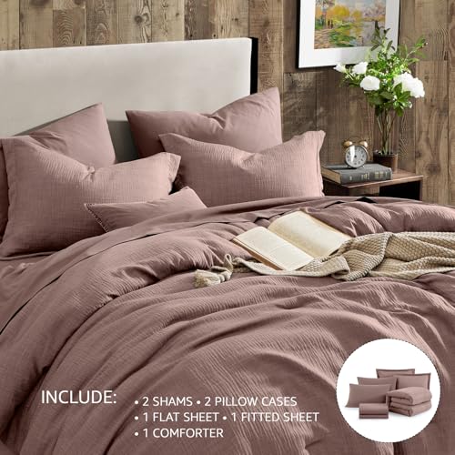 Geniospin King Size Comforter Set- 7 Piece Misty Rose Textured King Bedding Set, Soft Solid Bed in a Bag for All Season, King Comforter Set with Sheets(Misty Rose,102''x90'') Geniospin