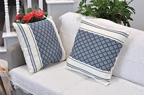 Oveesha Cotton Woven Designer Throw Pillow Cover (Color: Navy Blue/Cream White, 20 x 20 inches) Single Piece/Square Geometric Cushion Cover Oveesha