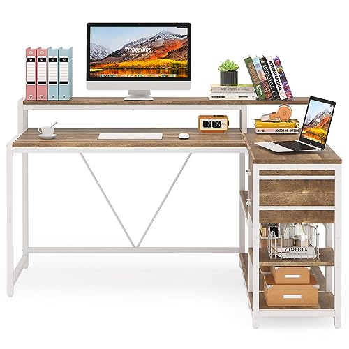 LITTLE TREE Reversible L-Shaped Computer Desk with hutch & Shelf,white LITTLE TREE