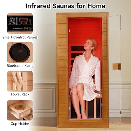 springspa Infrared Sauna for Home, 1 Person Home Sauna with Red Light Therapy, Canadian Hemlock Wooden Dry Saunas Room with Bluetooth Speakers, 1178 W/120V, 15 Minutes Pre-Warm up springspa