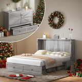 Mjkone Queen Size Murphy Bed with USB Charging Station, Farmhouse Murphy Cabinet with Tri-Folding Memory Foam Mattress, Modern Cabinet Beds with Large Storage Drawers for Living Room Home Office, Gray Mjkone