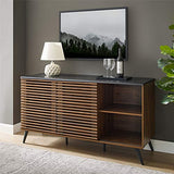 Walker Edison Modern 4 Drawer Sliding Door Wood Cabinet Buffet Entryway Serving Storage Cabinet Doors Dining Room Console, 59 Inch, Black and Dark Walnut Walker Edison