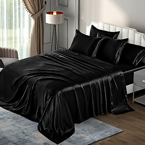P Pothuiny 6 Pieces Queen Satin Sheets Luxury Silky Black Satin Bedding Sheet Set, 1 Deep Pocket Fitted Sheet + 1 Flat Sheet + 4 Pillow Cases P Pothuiny
