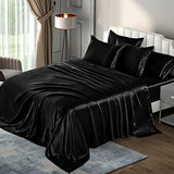 P Pothuiny 6 Pieces Queen Satin Sheets Luxury Silky Black Satin Bedding Sheet Set, 1 Deep Pocket Fitted Sheet + 1 Flat Sheet + 4 Pillow Cases P Pothuiny