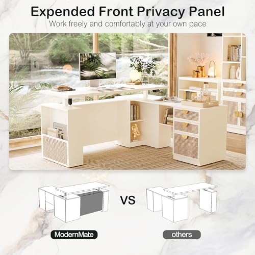 ModernMate 63" Standing Desk with File Cabinet, Privacy Panel, AC/USB, 1.18" Desktop, Executive L Shaped Height Adjustable Desk, Electric Stand Up Table with 3 Drawers, White Rattan ModernMate