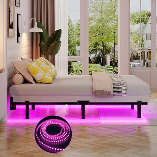Awesofurni Twin Bed Frame with Smart LED Lights, 7 Inch Basics Metal Bed Frame, Heavy Duty 9-Leg Base for Box Spring and Mattress, Noise-Free, Easy Assembly, Black Awesofurni
