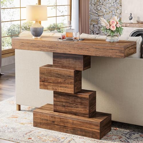 Tribesigns 42.5" Farmhouse Console Table, Narrow Wood Sofa Table Behind Couch with Geometric Base, Industrial Entryway Accent Table for Living Room, Hallway, Entrance (Rustic Brown) Tribesigns