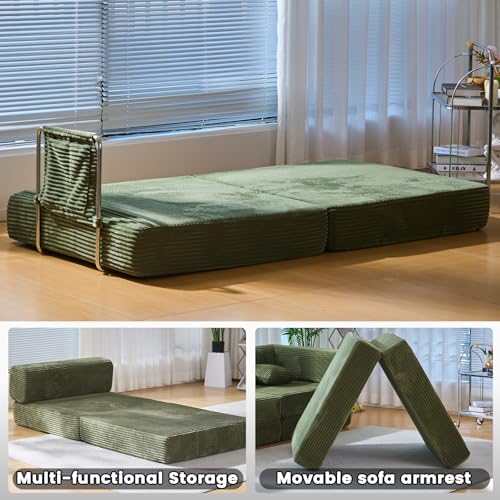 GEARIVY Folding Sofa Bed Convertable Corduroy Couch King Size Floor Sleeper 4-in-1 DIY Combination Modular Sofa Fold Out Futon Lounge Comfy Foldable Lazy cama for Living Room (Green, 39.37″S-HR) GEARIVY