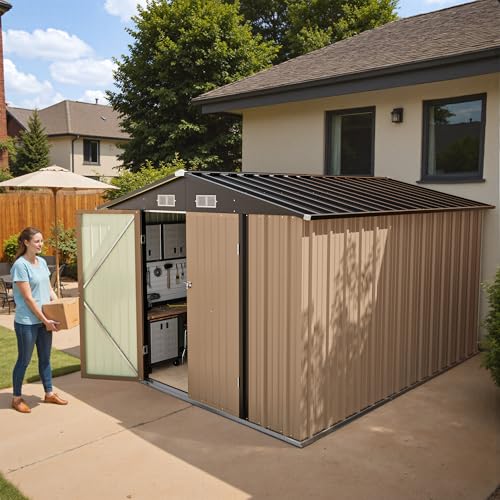 Greesum 8×10FT Outdoor Storage Shed, Metal Patio Storaged Sheds with Lockable Doors, Sheds & Outdoor Storage for Bike, Backyard, Pool and Garden, Brown Greesum